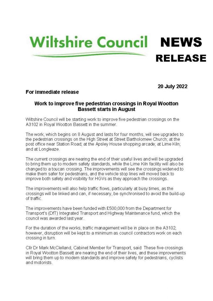 Wiltshire Council Press Release Page 1 Five pedestrian crossing improvements
