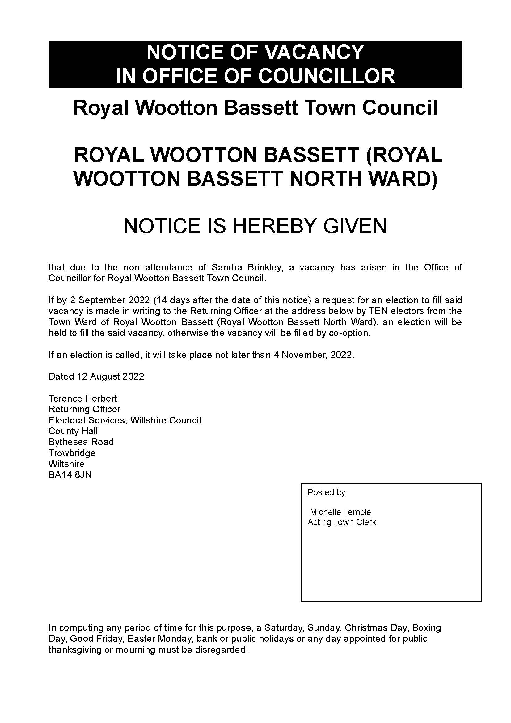 Notice of Vacancy in Office of Councillor