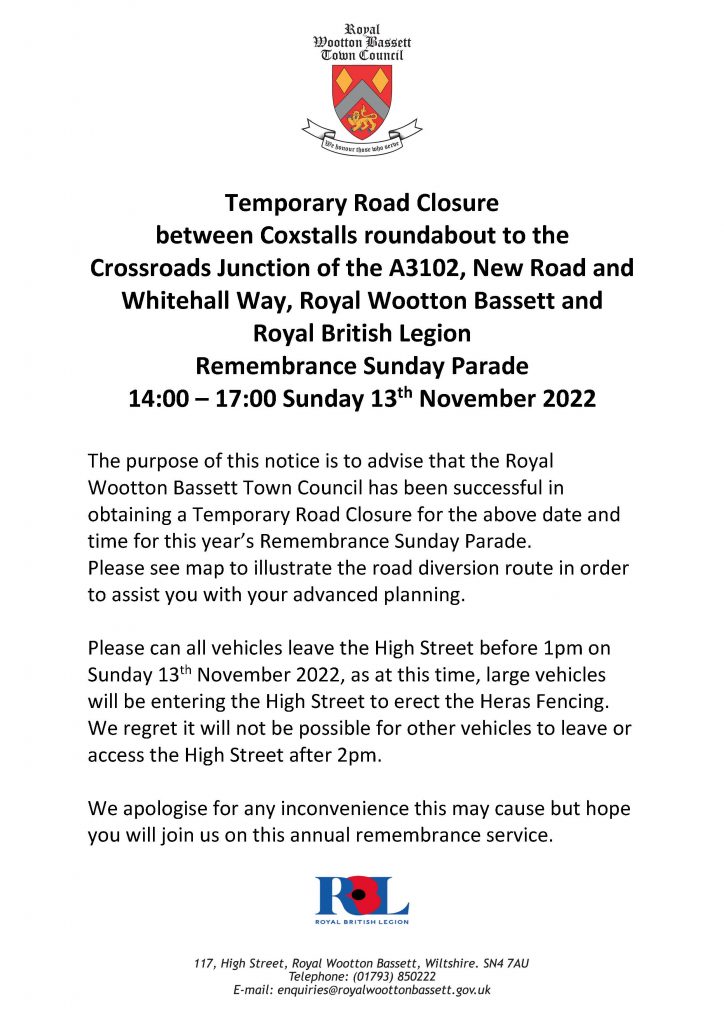 Remembrance Sunday Temporary Road Closure Notice Sunday 13th November 2022