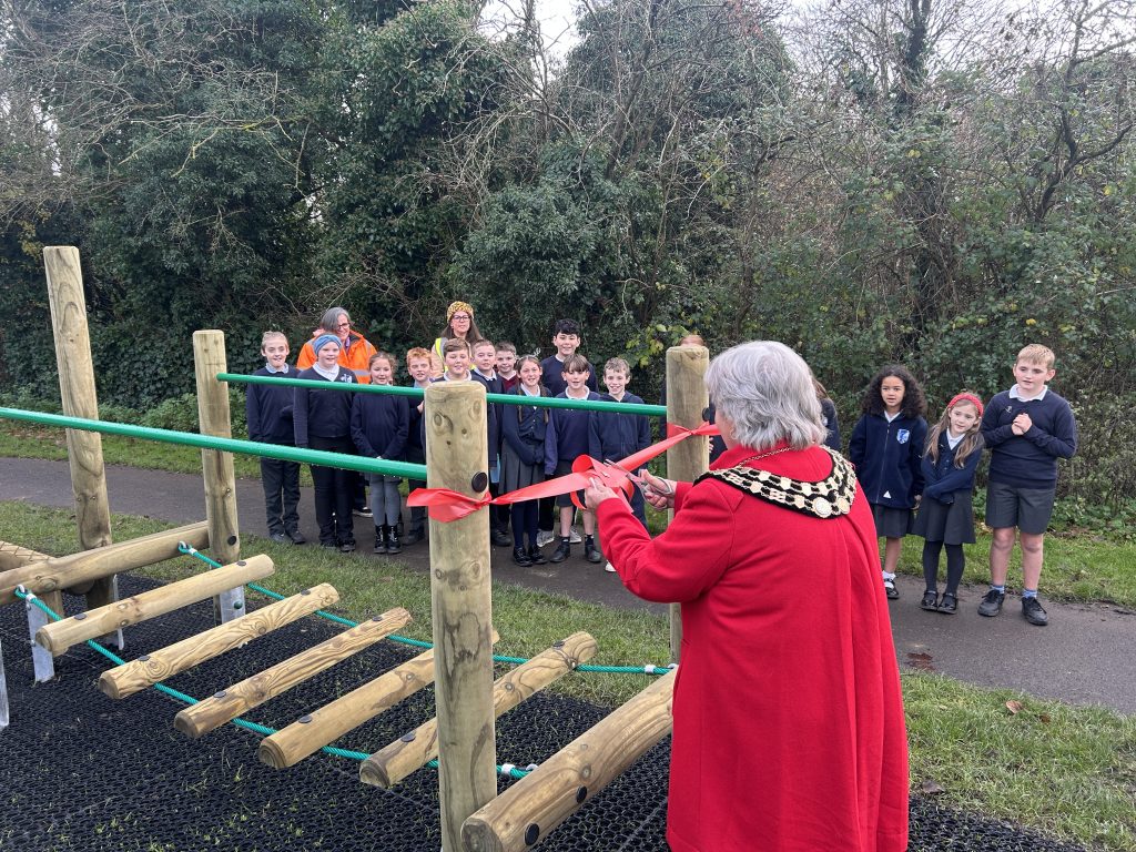 Photo of Mayor and Noremarsh School Children opening the new trim trail at Old Court Play Park on Tuesday 3rd December 2024