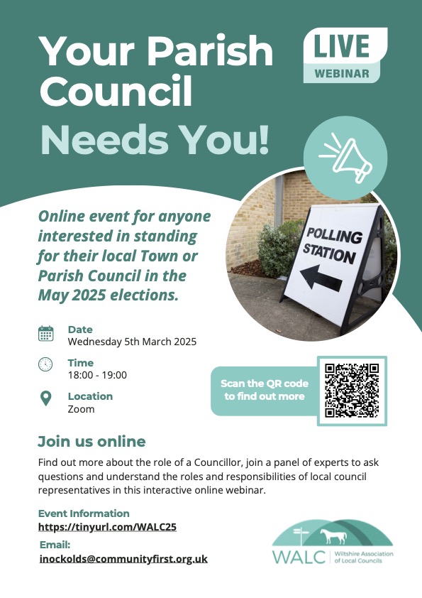 Poster to advise online event for anyone interested in standing as Town Councillor on 5th March. 
