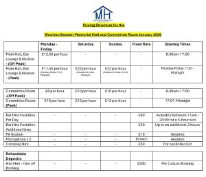 Pricing Structure for the 2026 Wootton Bassett Memorial Hall Pricing List 2026
