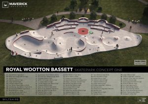 A 3D visualisation showing a modern concrete skatepark with bowls, ramps, ledges and plaza-style features set within a landscaped park.